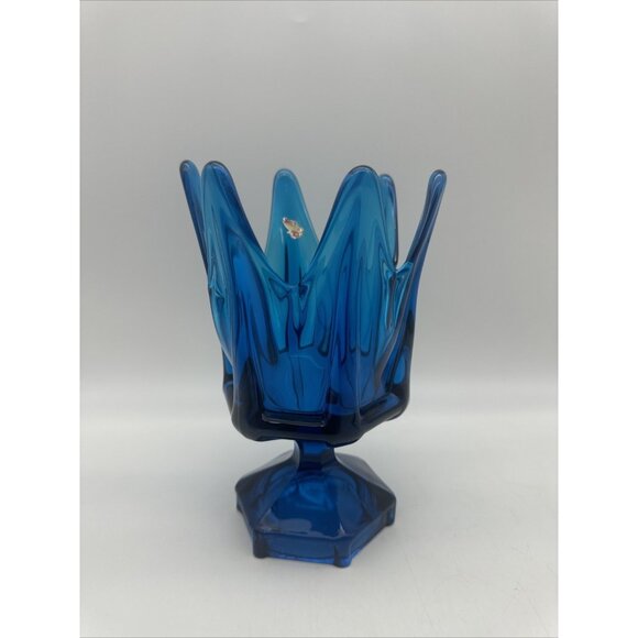 Vintage Viking 8.25” Bluenique Swung Glass Handkerchief Column Vase MCM Compote - Picture 1 of 12